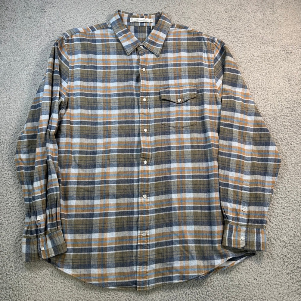 Criquet Mens XXL Plaid Flannel Button Up Shirt Brown Blue Western Snap 11213